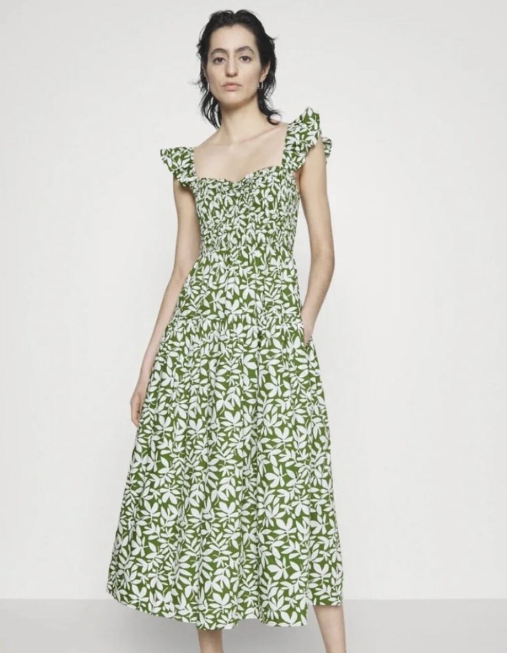 Abercrombie & Fitch Green White Floral Ruffle Strap Smocked Midi Dress
